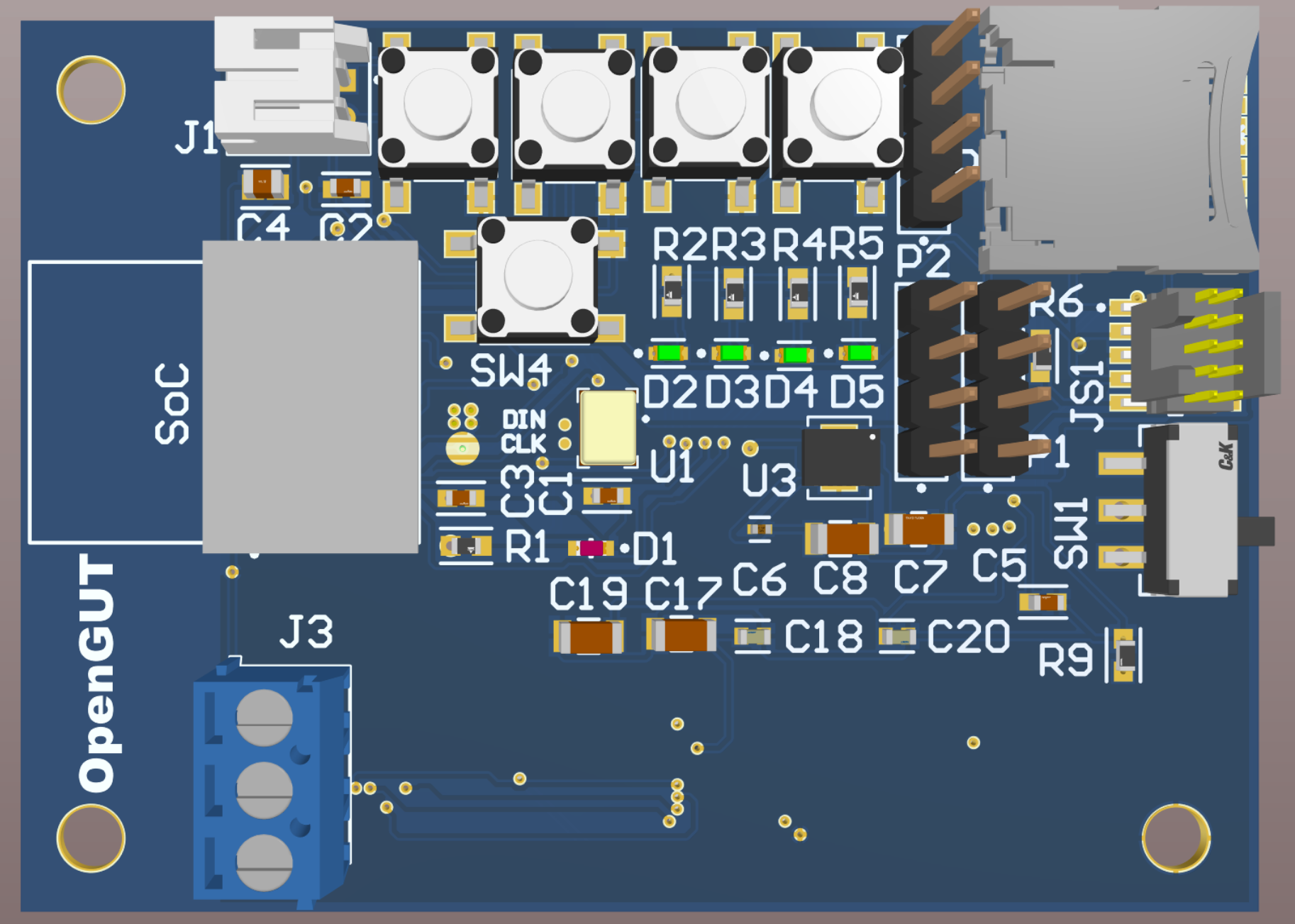 OpenGUT sensor board PCB rendering.